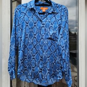 Joe Fresh Blue Animal Patterned Long Sleeve Silk Like Shirt - Size XS